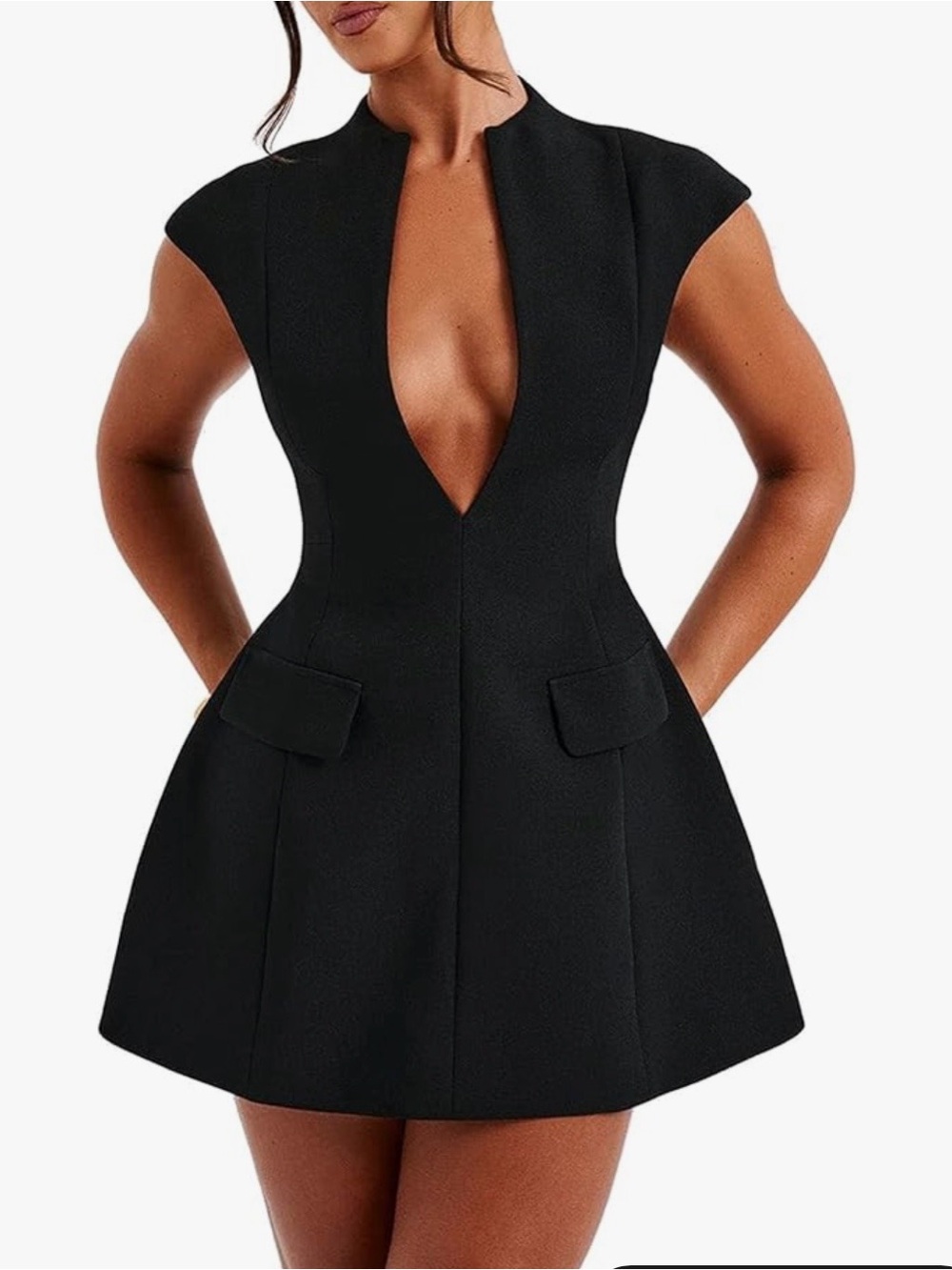 Lu Feng Women’s Black Deep V~Neck Cap‎ Sleeve Fit & Flare Mini Dress Sz L